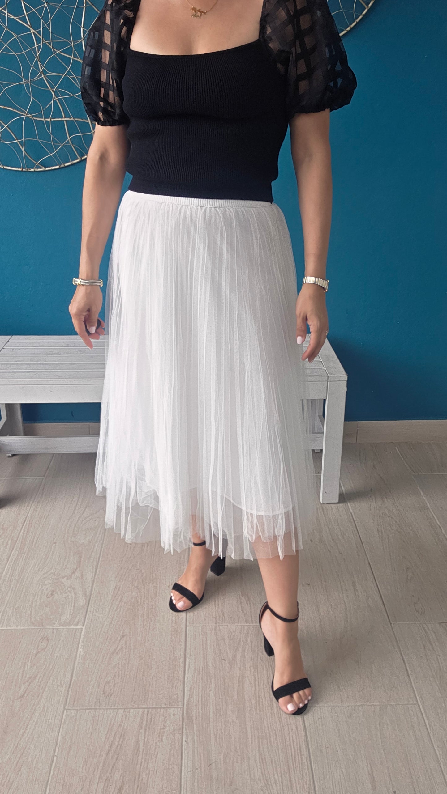 White Mesh Midi Skirt