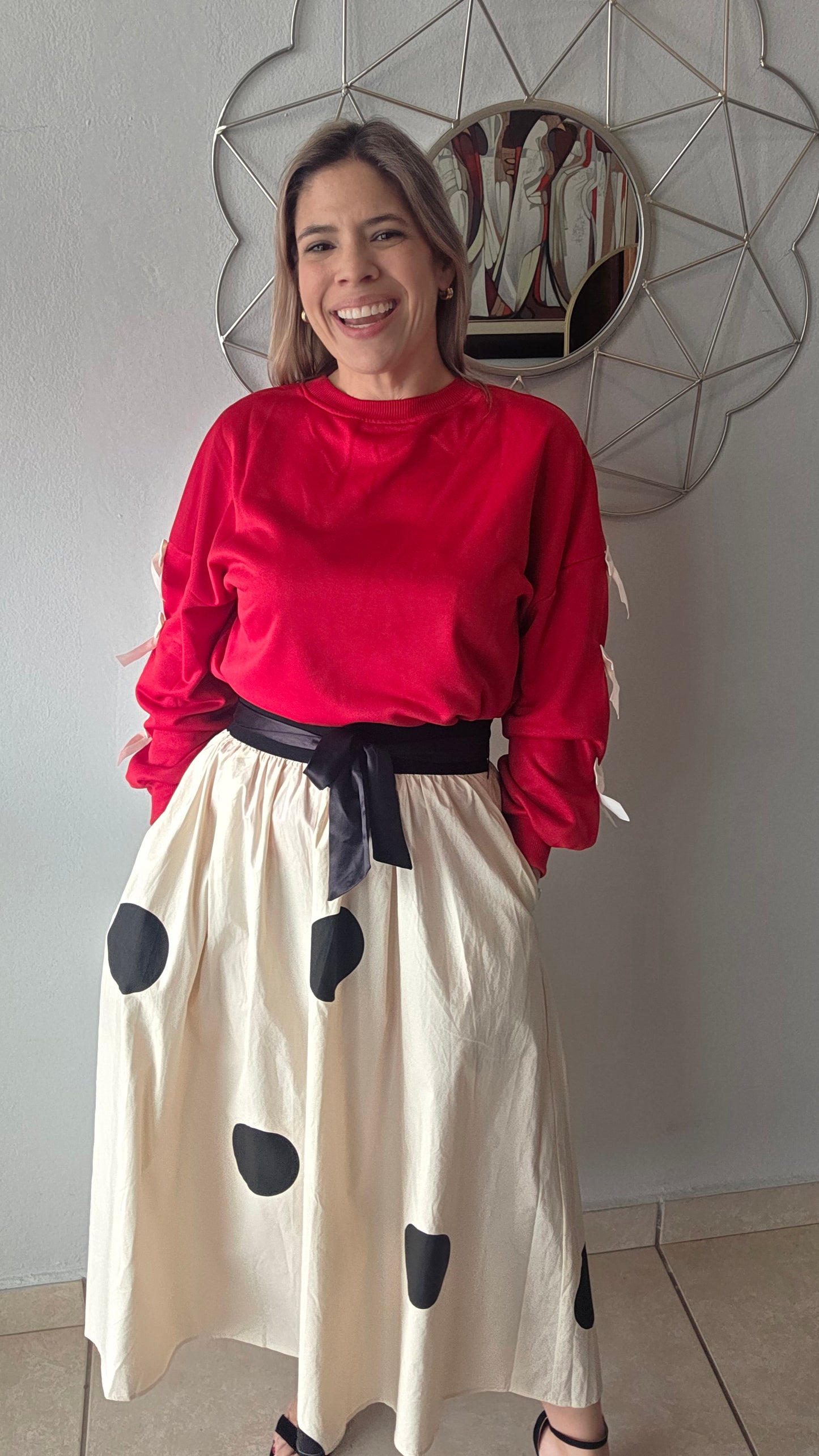 Polka Dot Midi Skirt- Beige