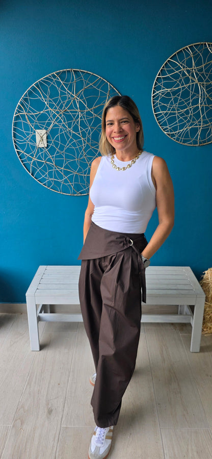Bianca Chocolate Sarong Detail Barrel Leg Trouser Pants