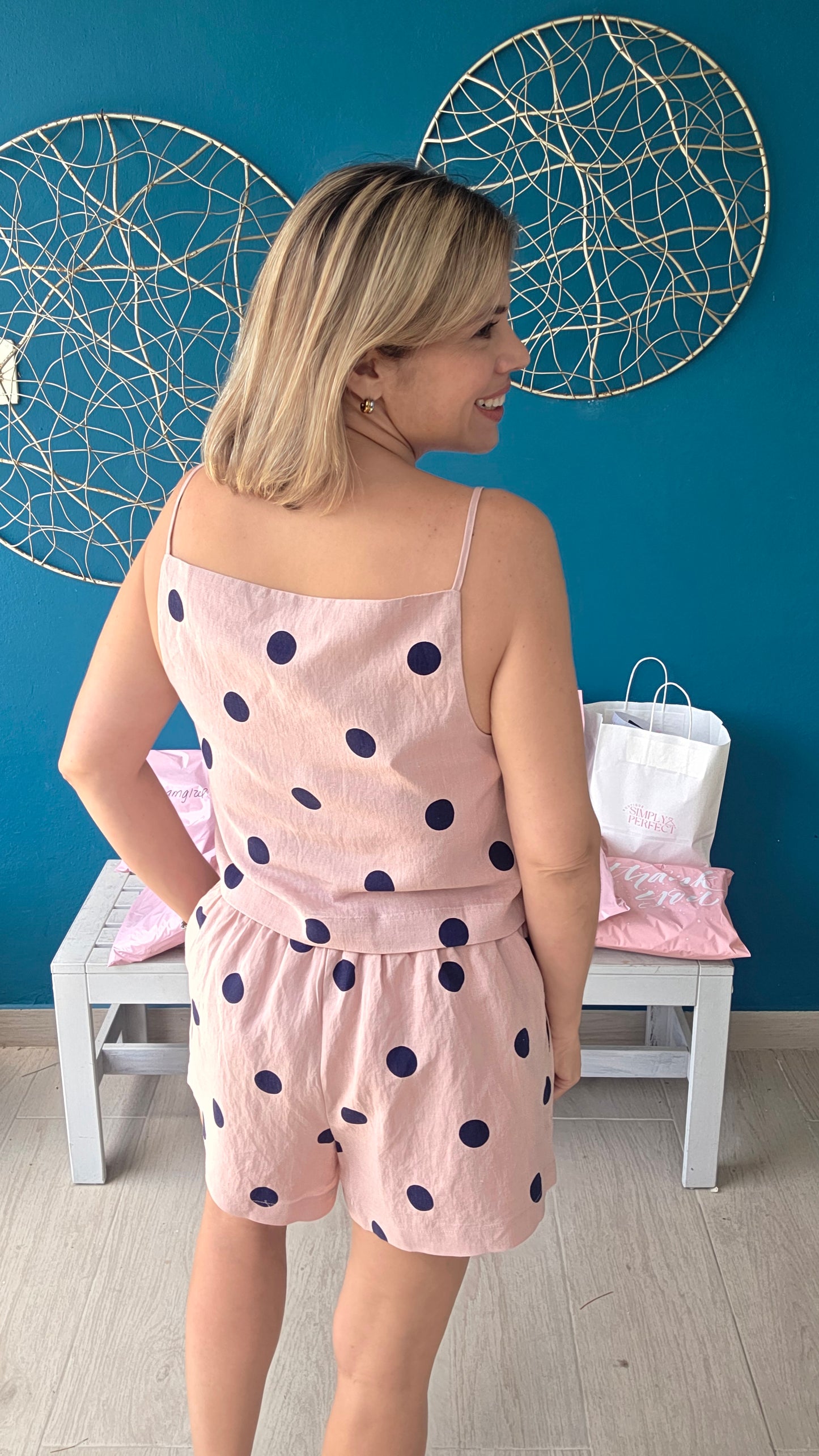 Pink/Navy Polka Dot Short Set