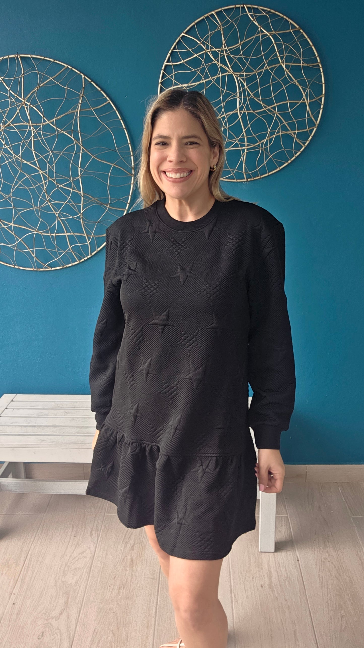 Star Textured Mini Dress Black