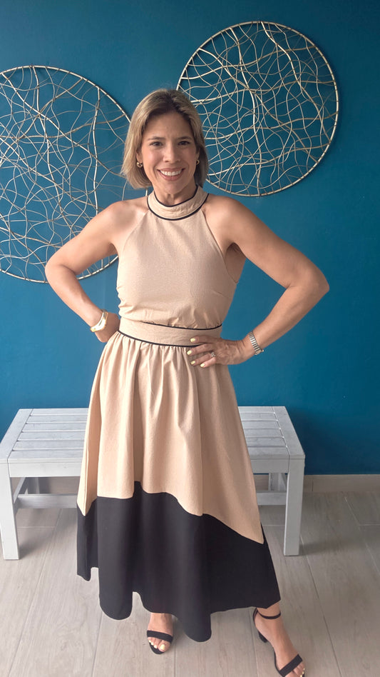 Two-Tone Halter Midi Dress