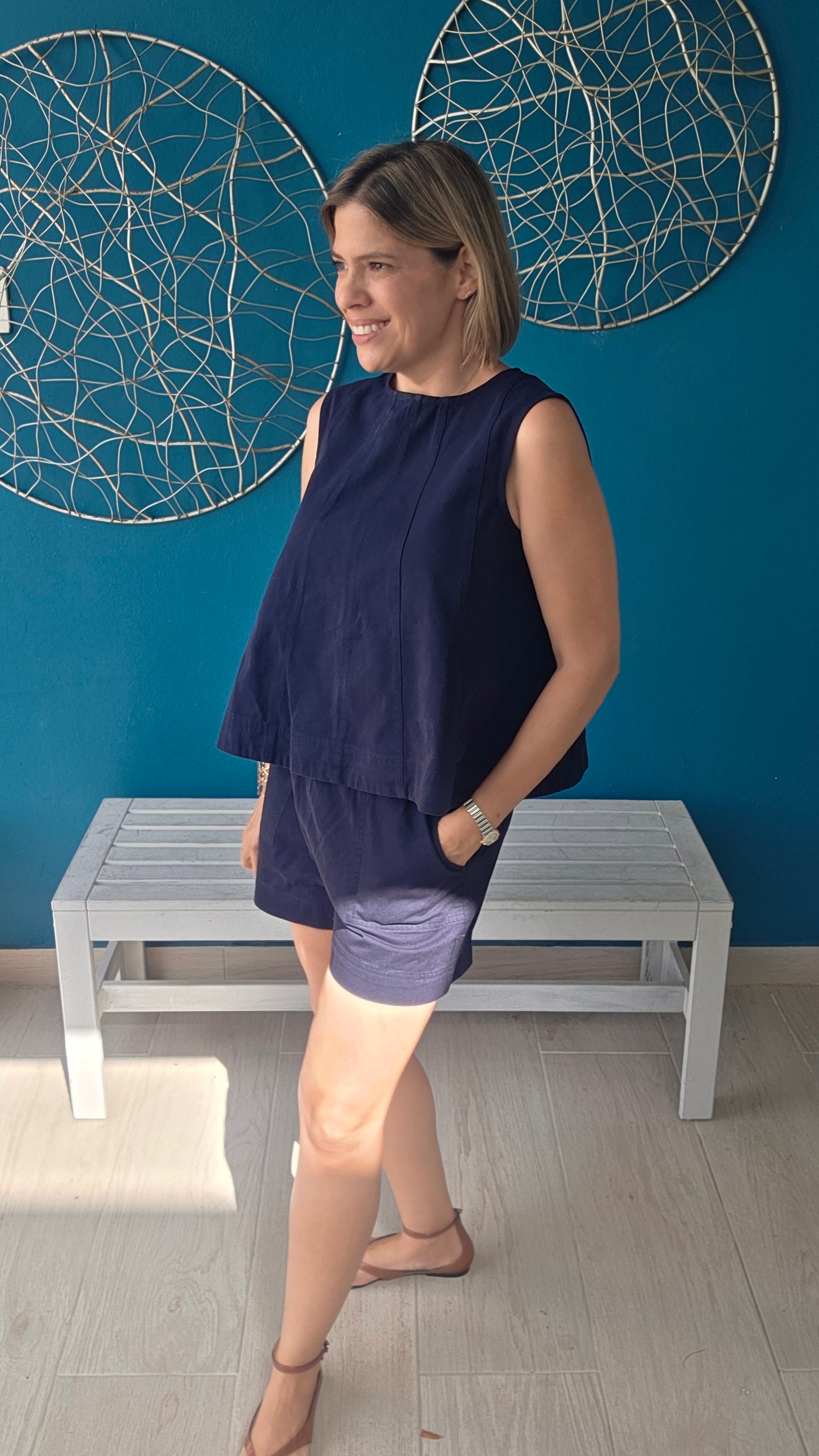 Sleeveless Color Denim Top And Matching Shorts Set