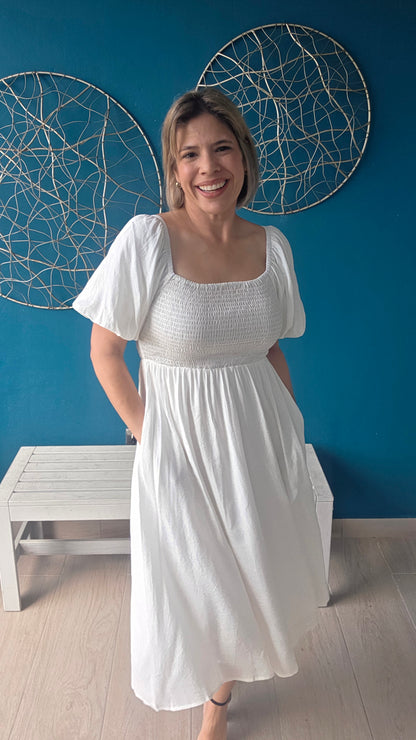 Smocked White Midi Dress