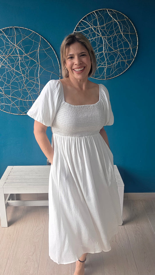 Smocked White Midi Dress