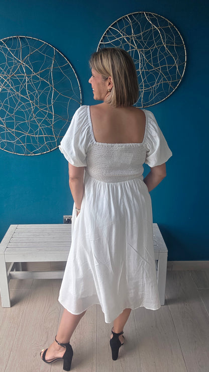 Smocked White Midi Dress