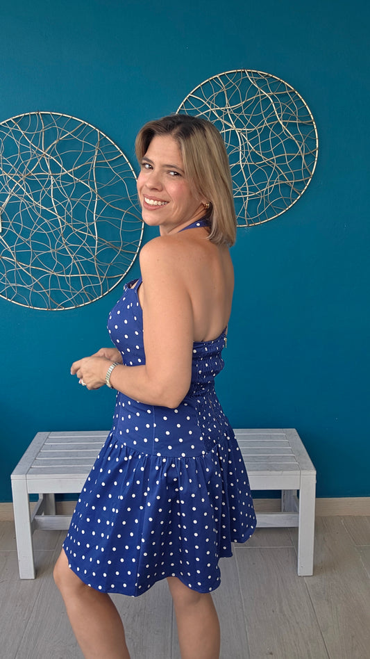 Navy Blue Polka Dots Mini Dress