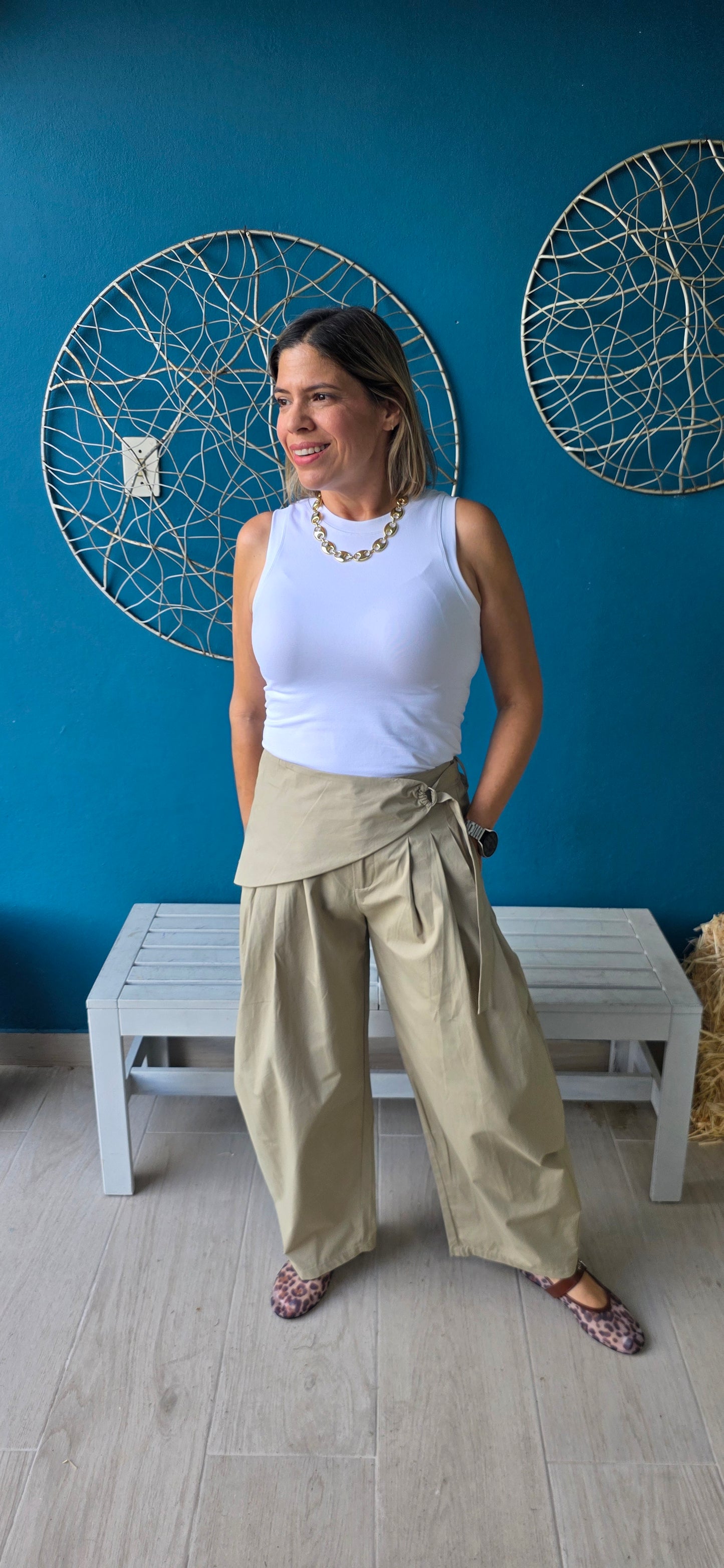 Light Olive Sarong Detail Barrel Leg Trouser Pants