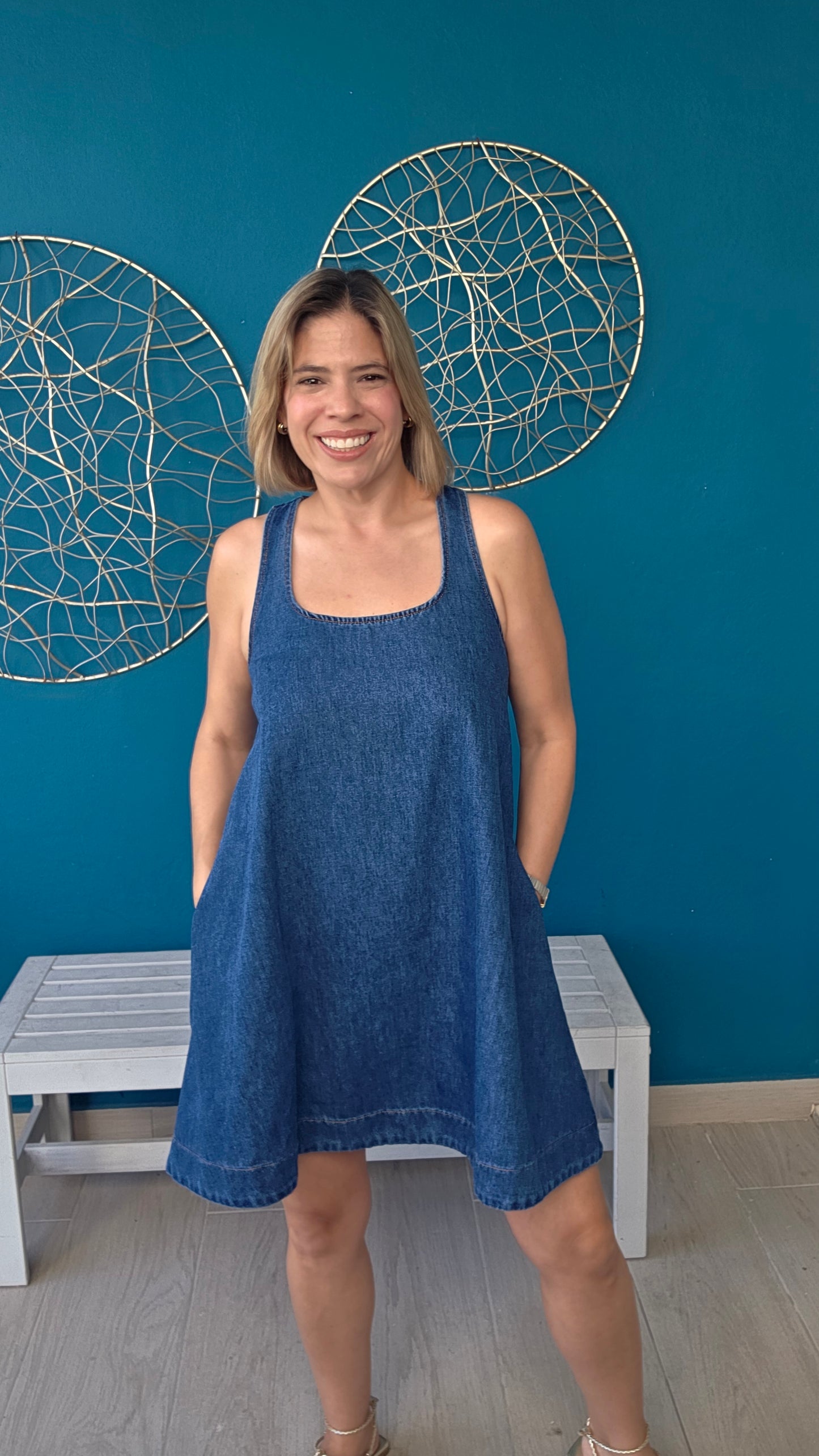 Buckle back denim mini dress