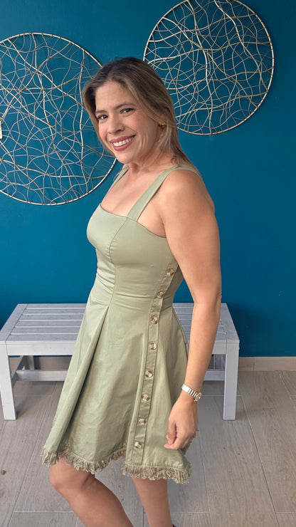 Square-neck Button-detail Mini Dress