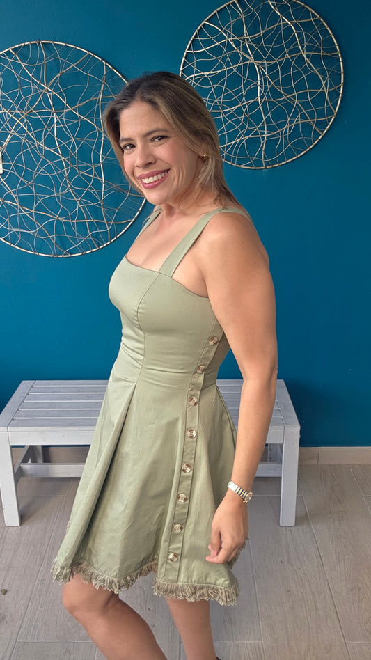 Square-neck Button-detail Mini Dress