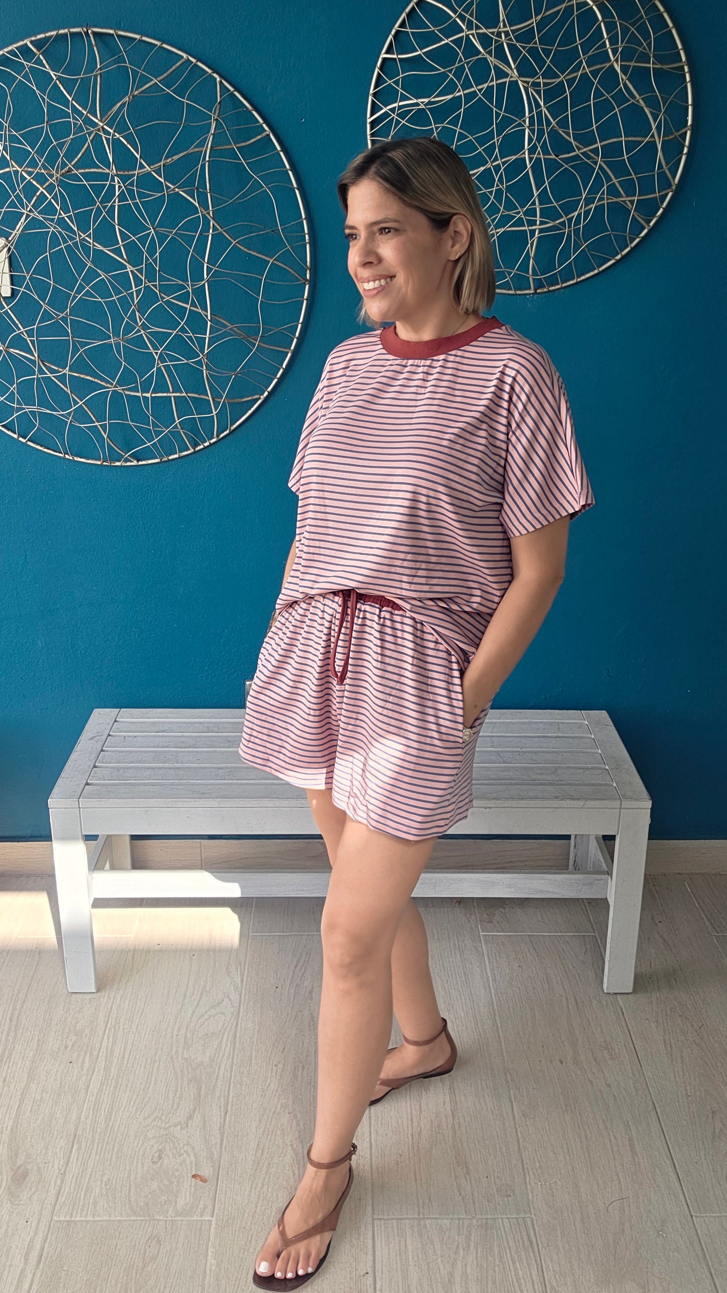 Loose Fit Striped Knit Top & Mini Shorts Set