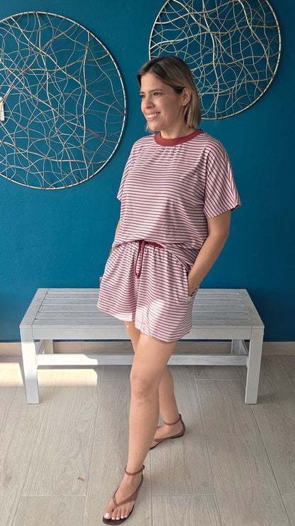 Loose Fit Striped Knit Top & Mini Shorts Set