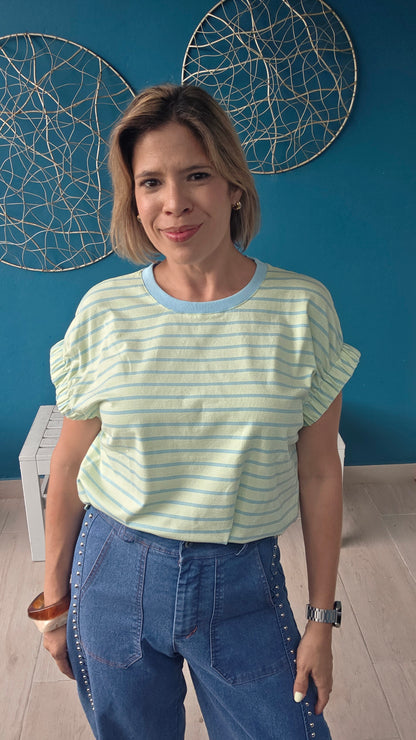 Honeydew & Blue Striped Top