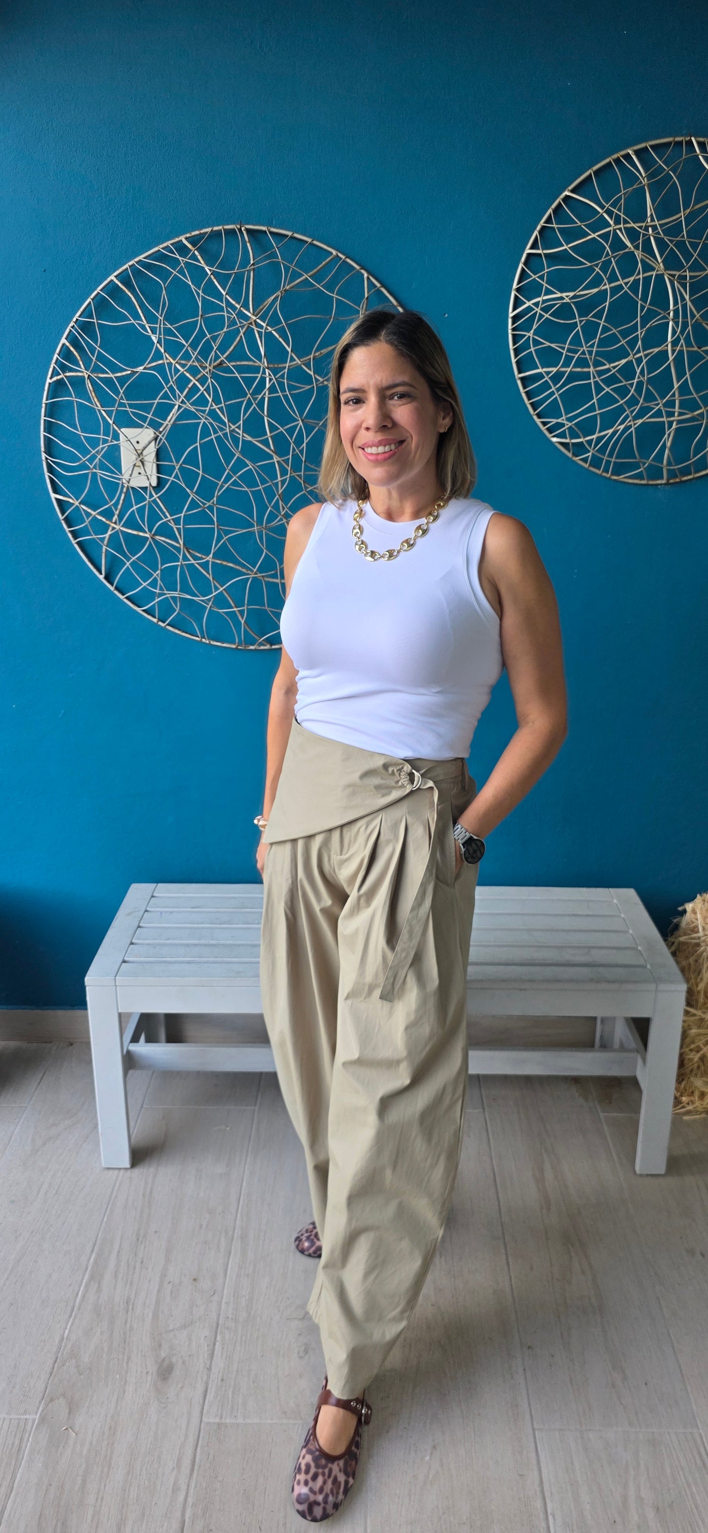 Light Olive Sarong Detail Barrel Leg Trouser Pants