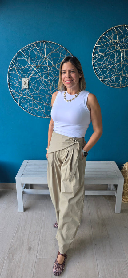 Light Olive Sarong Detail Barrel Leg Trouser Pants
