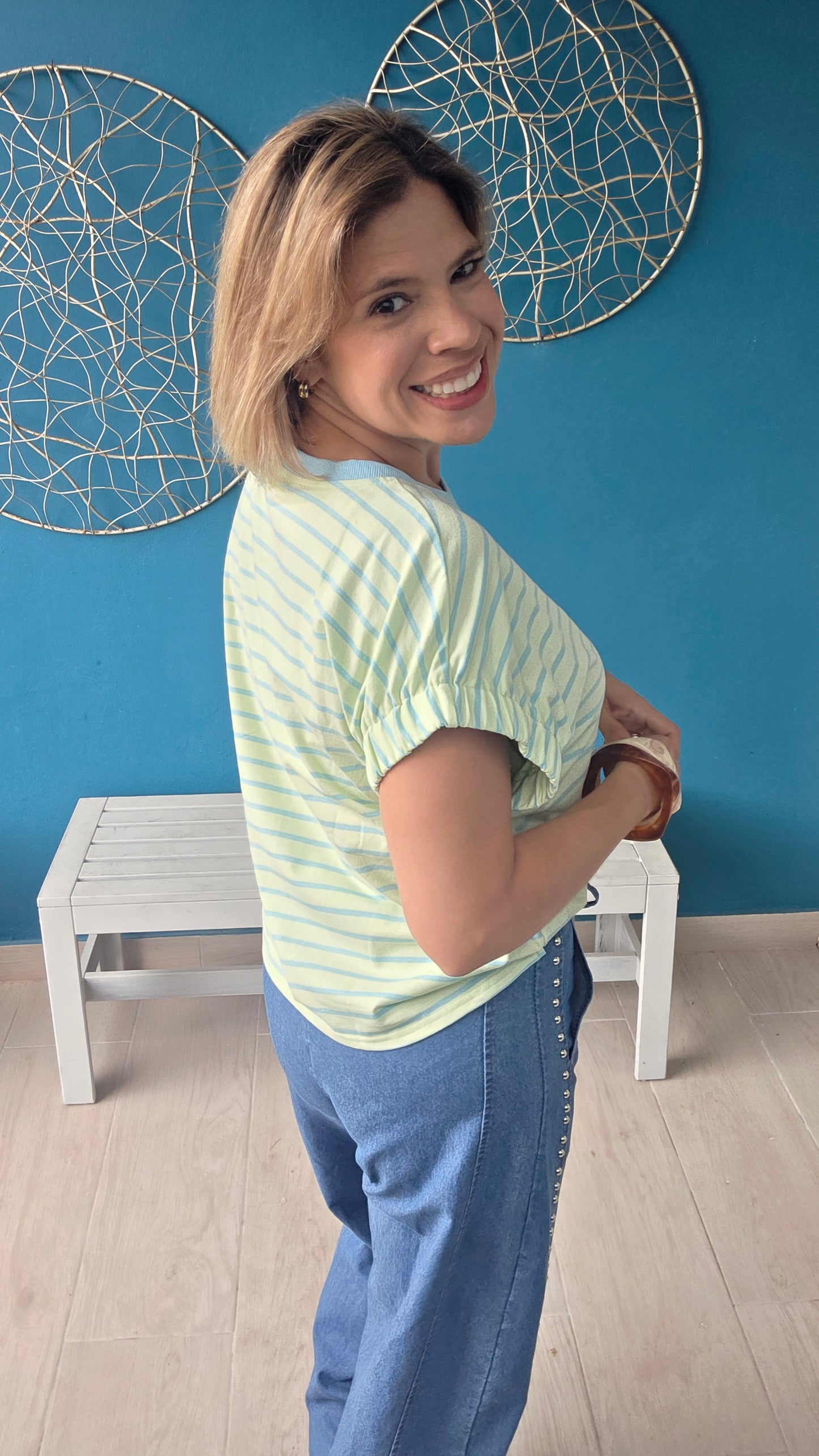 Honeydew & Blue Striped Top