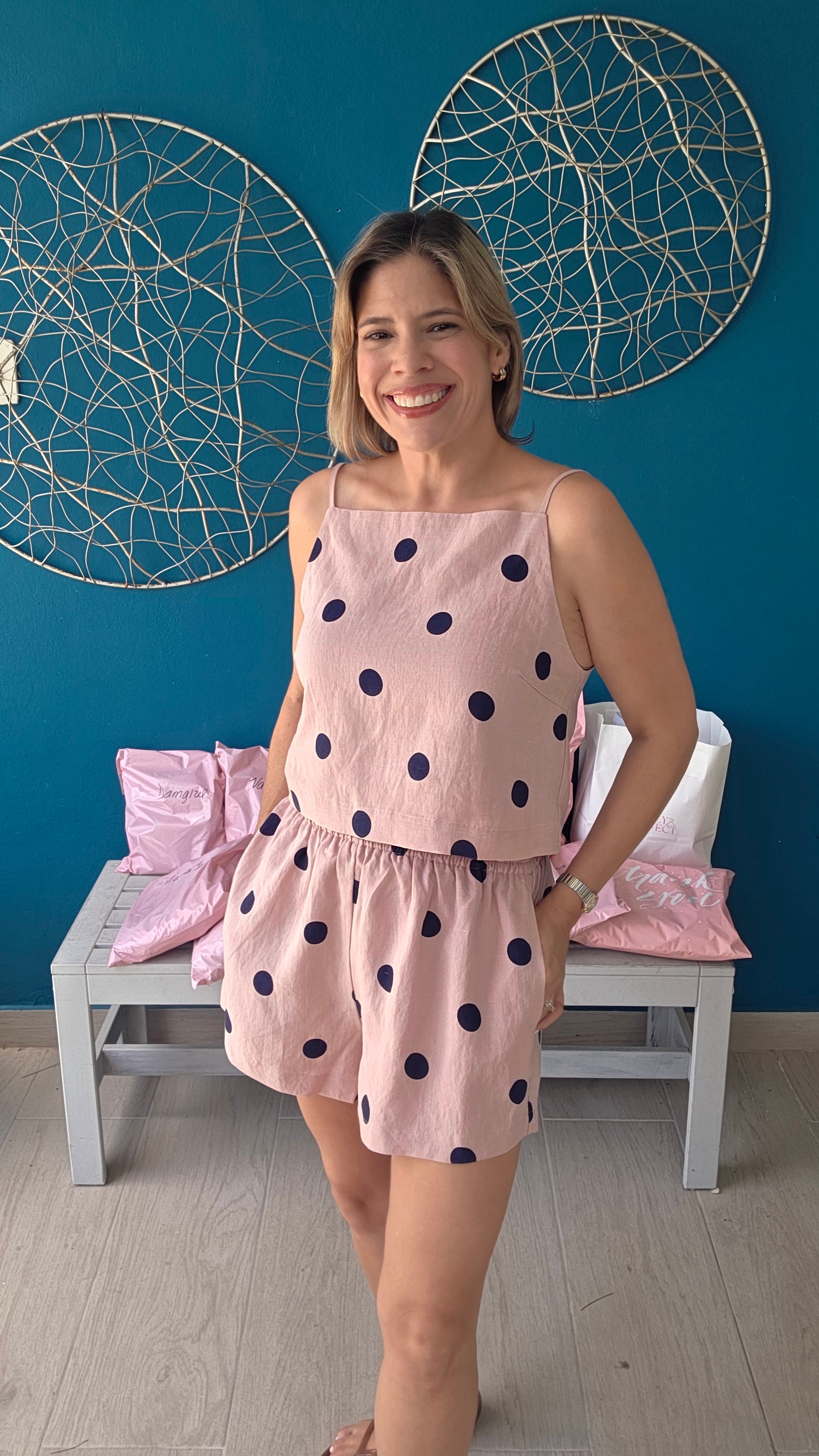 Pink/Navy Polka Dot Short Set