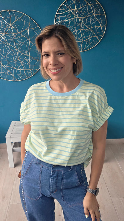 Honeydew & Blue Striped Top