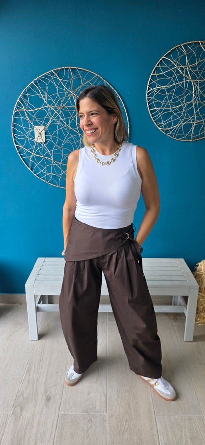 Bianca Chocolate Sarong Detail Barrel Leg Trouser Pants