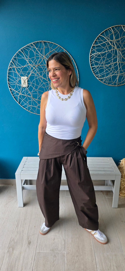 Bianca Chocolate Sarong Detail Barrel Leg Trouser Pants