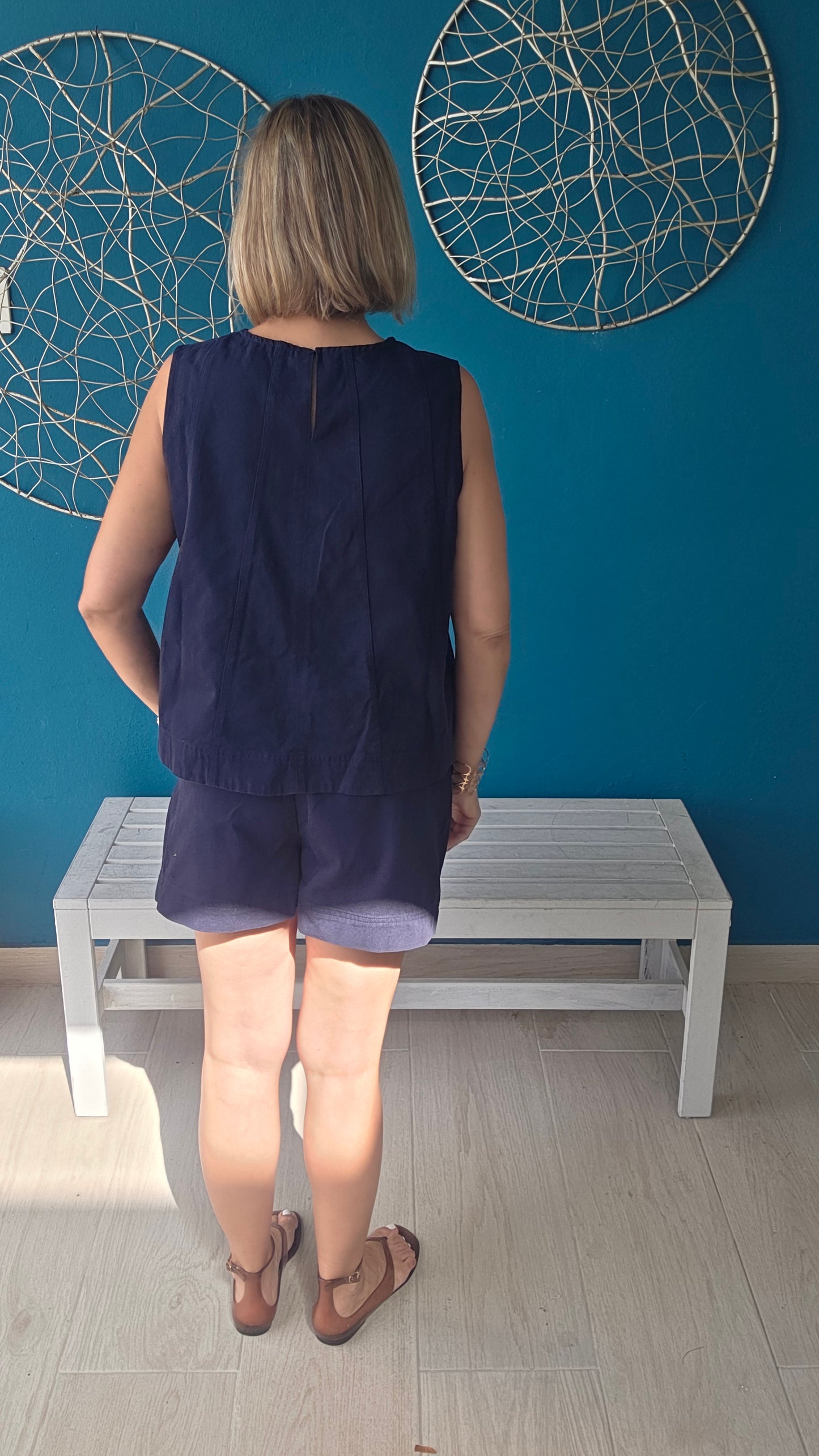 Sleeveless Color Denim Top And Matching Shorts Set
