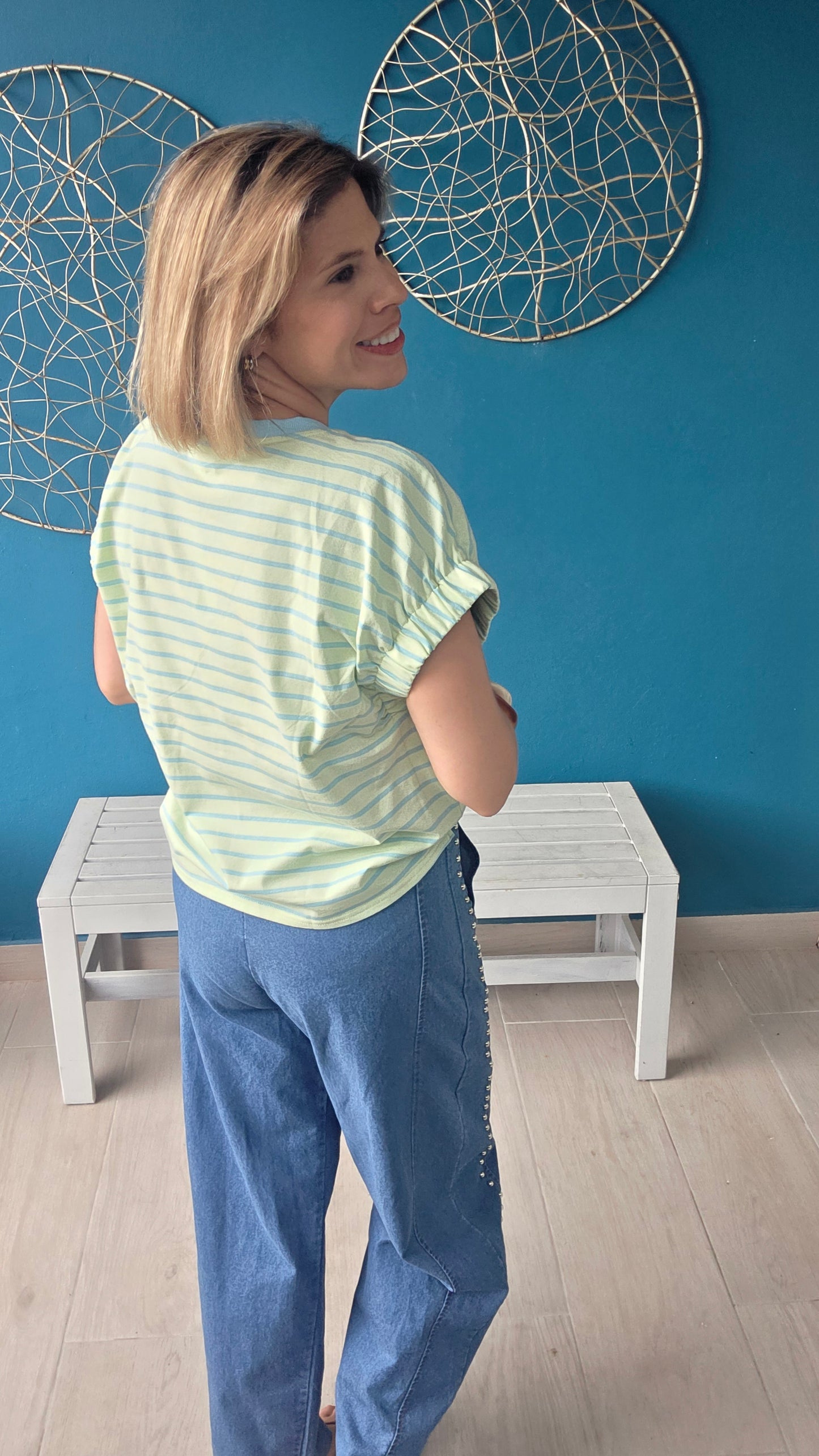 Honeydew & Blue Striped Top