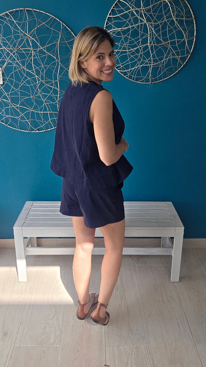 Sleeveless Color Denim Top And Matching Shorts Set