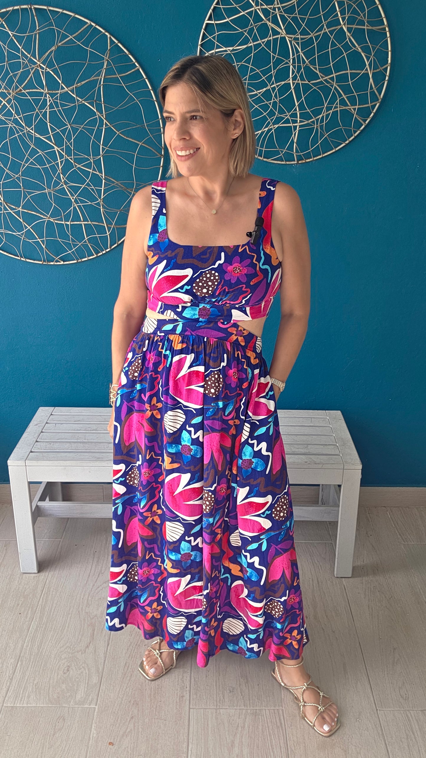 Tie Cut Out Flowers Midi Dress