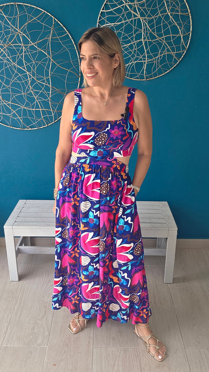 Tie Cut Out Flowers Midi Dress