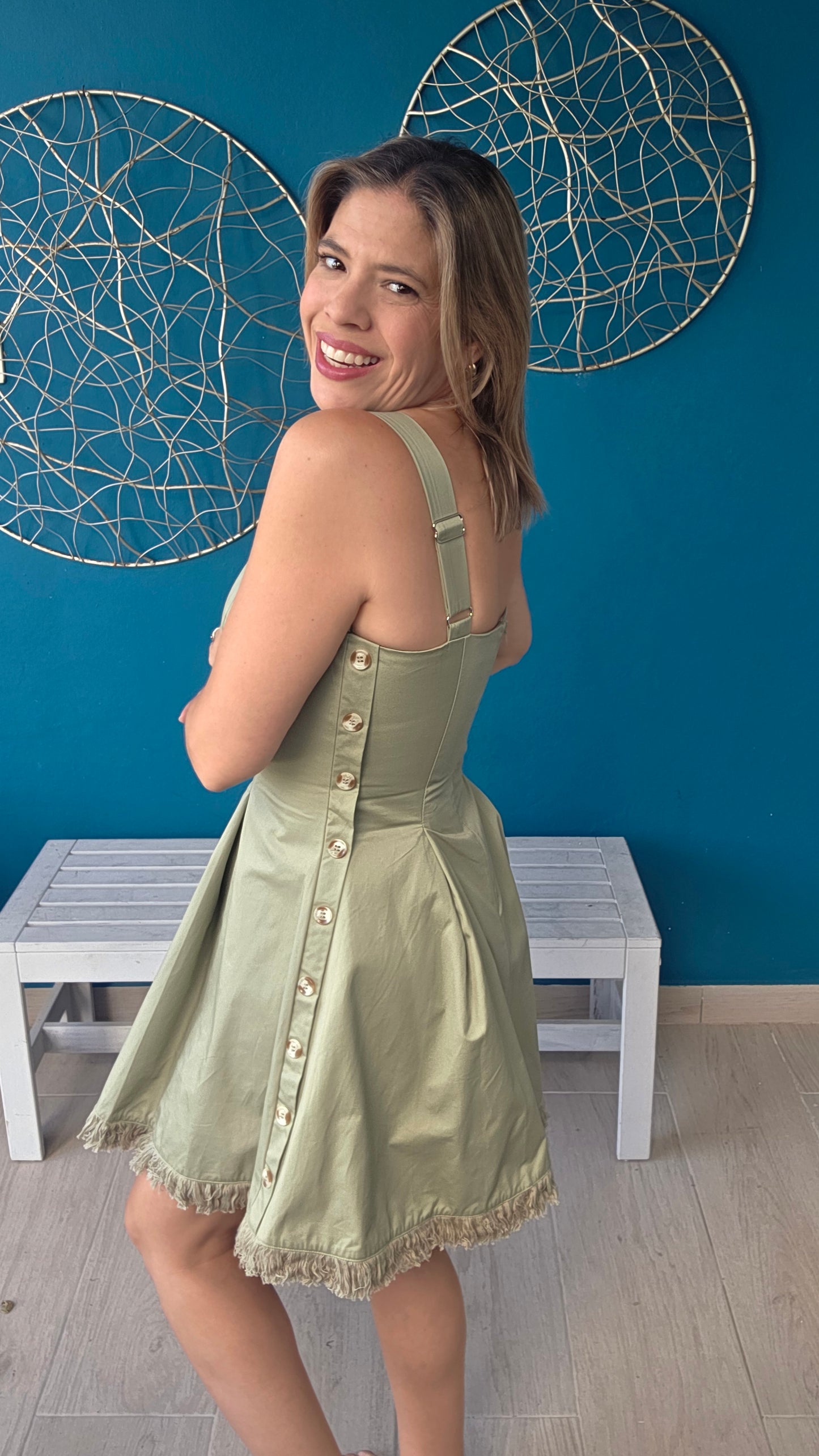 Square-neck Button-detail Mini Dress