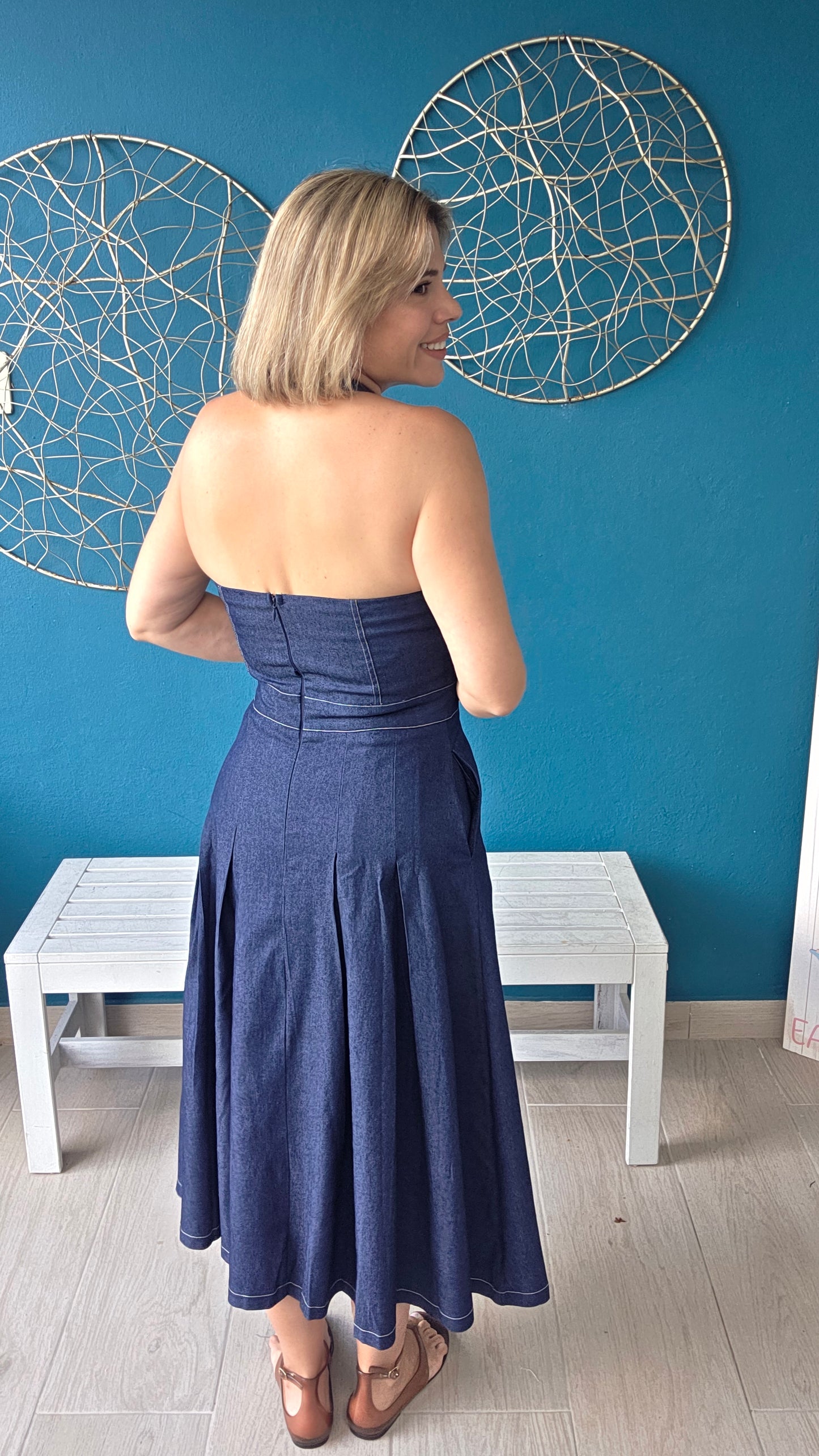 Halter Denim Midi Dress