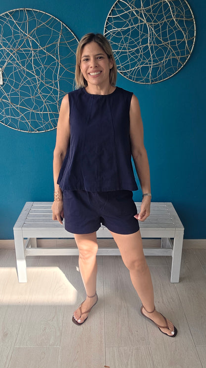 Sleeveless Color Denim Top And Matching Shorts Set