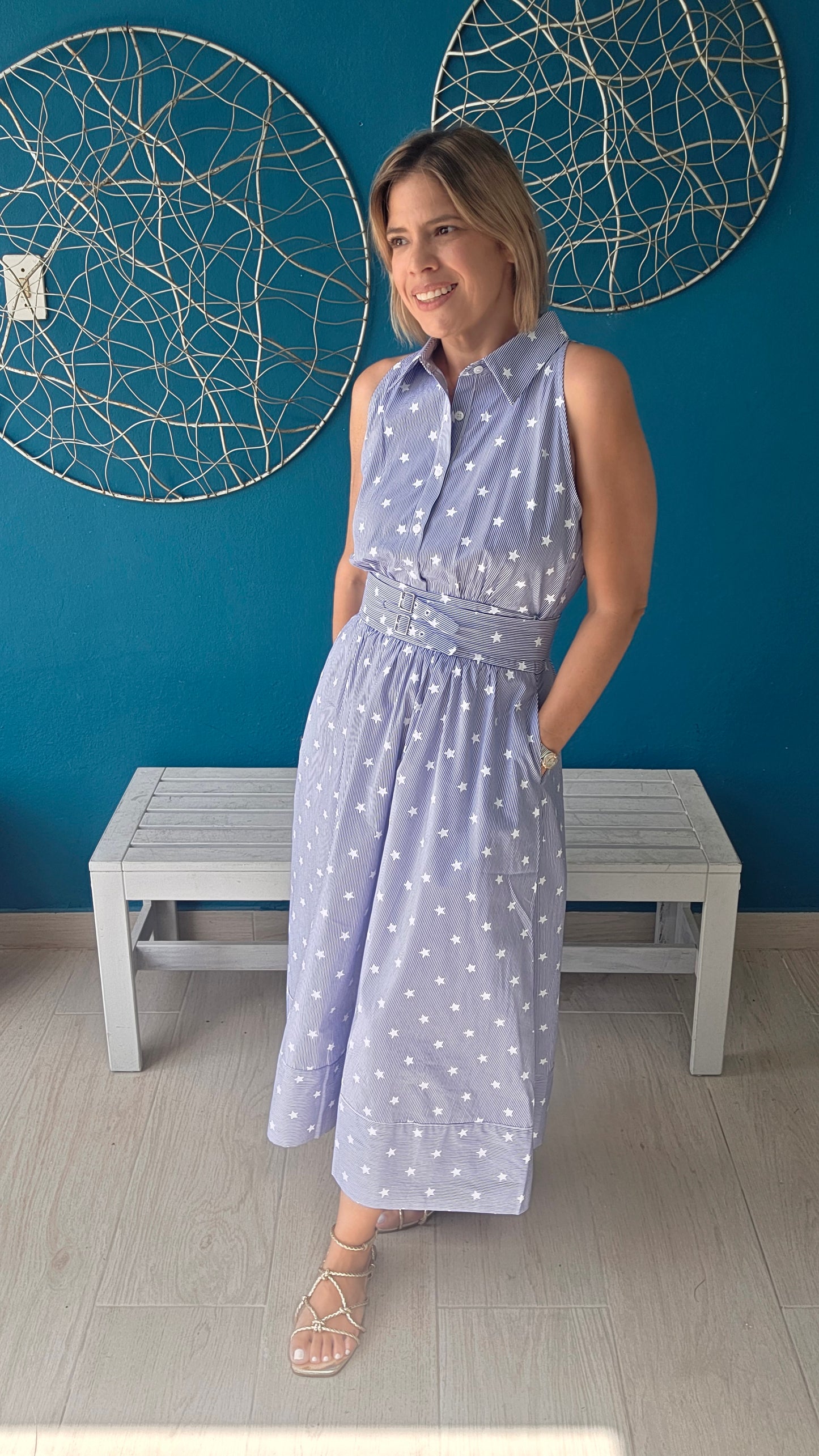 Stripes & Stars Belted Midi Dress