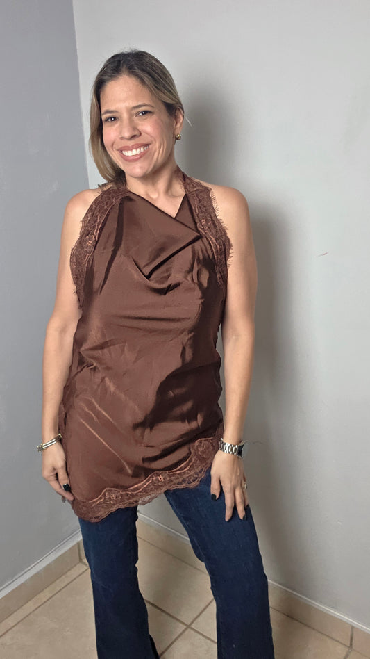 Satin Lace Asymmetrical Halter Top