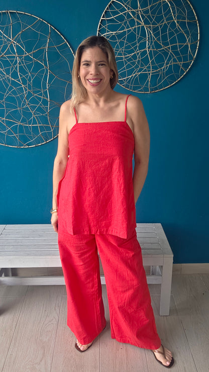 Red Linen Pants Set
