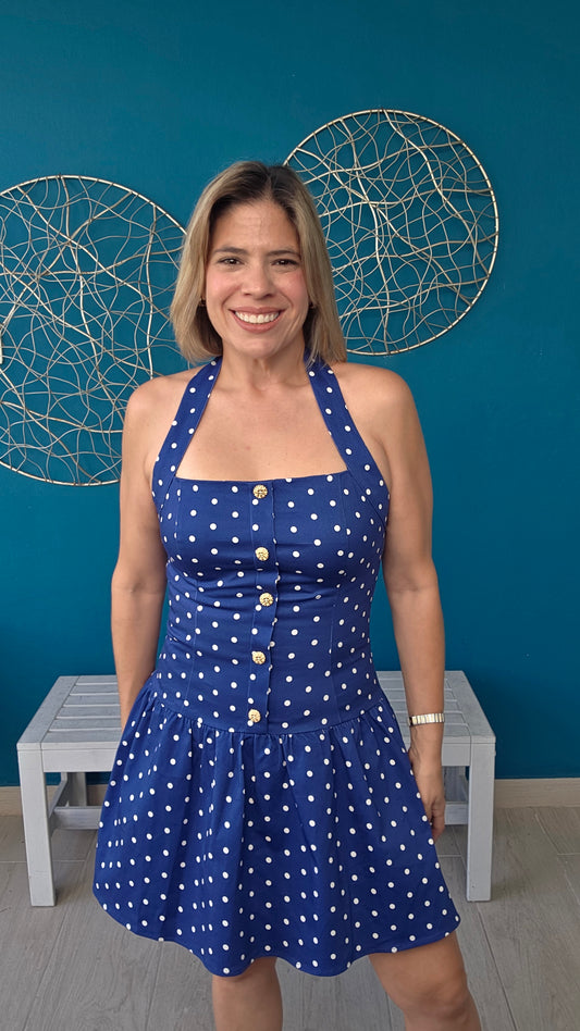 Navy Blue Polka Dots Mini Dress