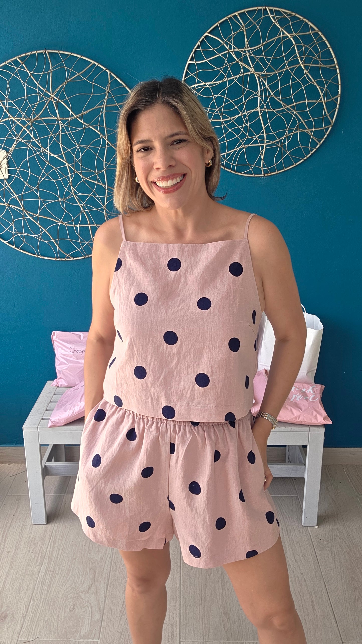 Pink/Navy Polka Dot Short Set