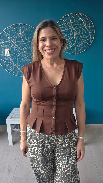 Brown Pleated Button Down Top