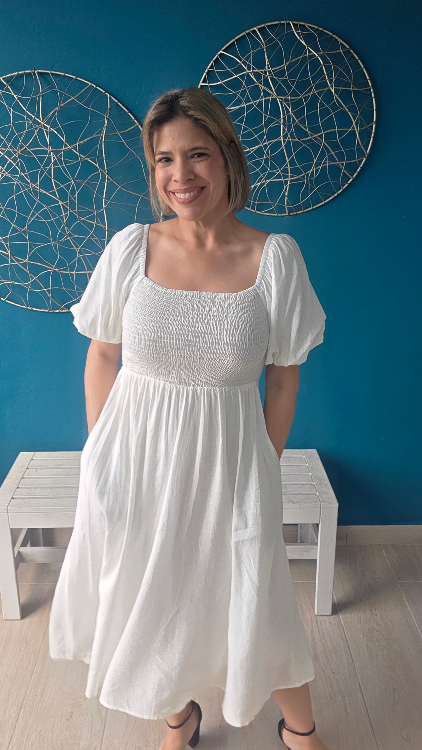 Smocked White Midi Dress