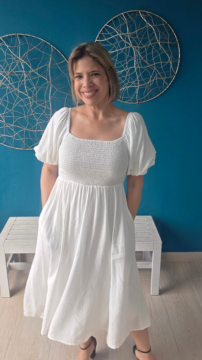 Smocked White Midi Dress