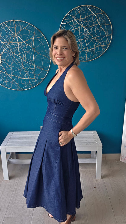 Halter Denim Midi Dress