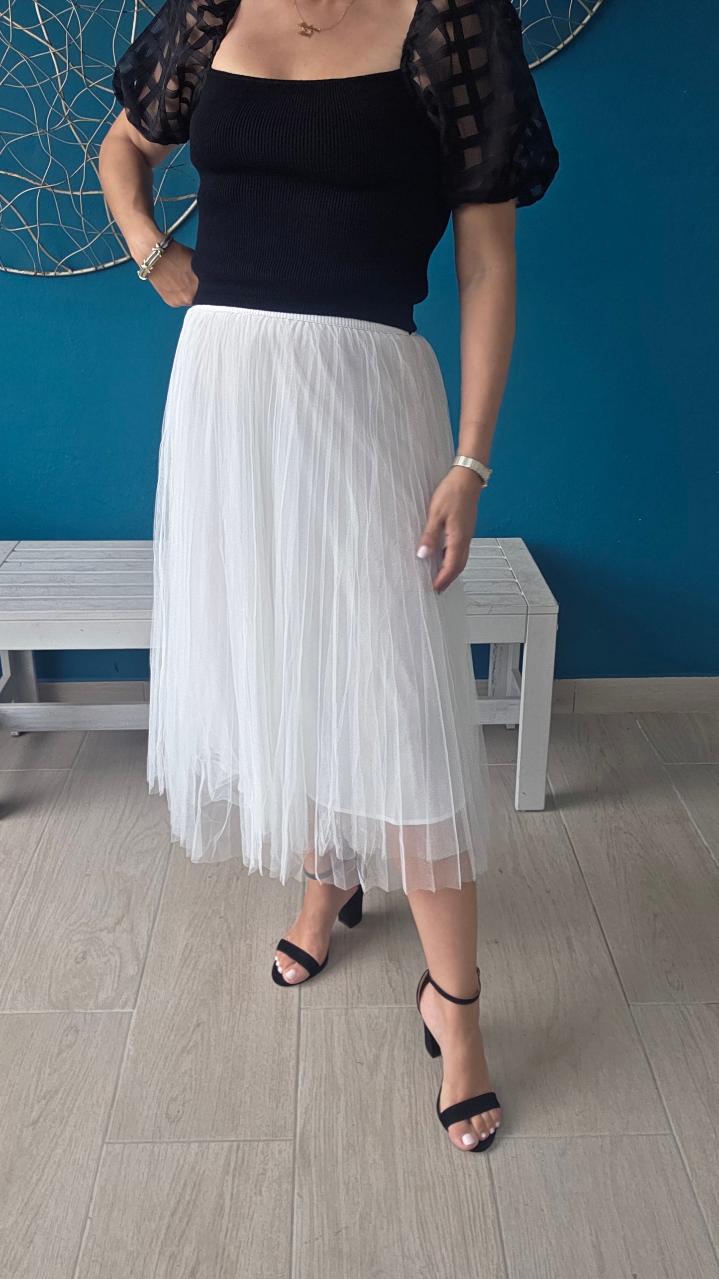 White Mesh Midi Skirt