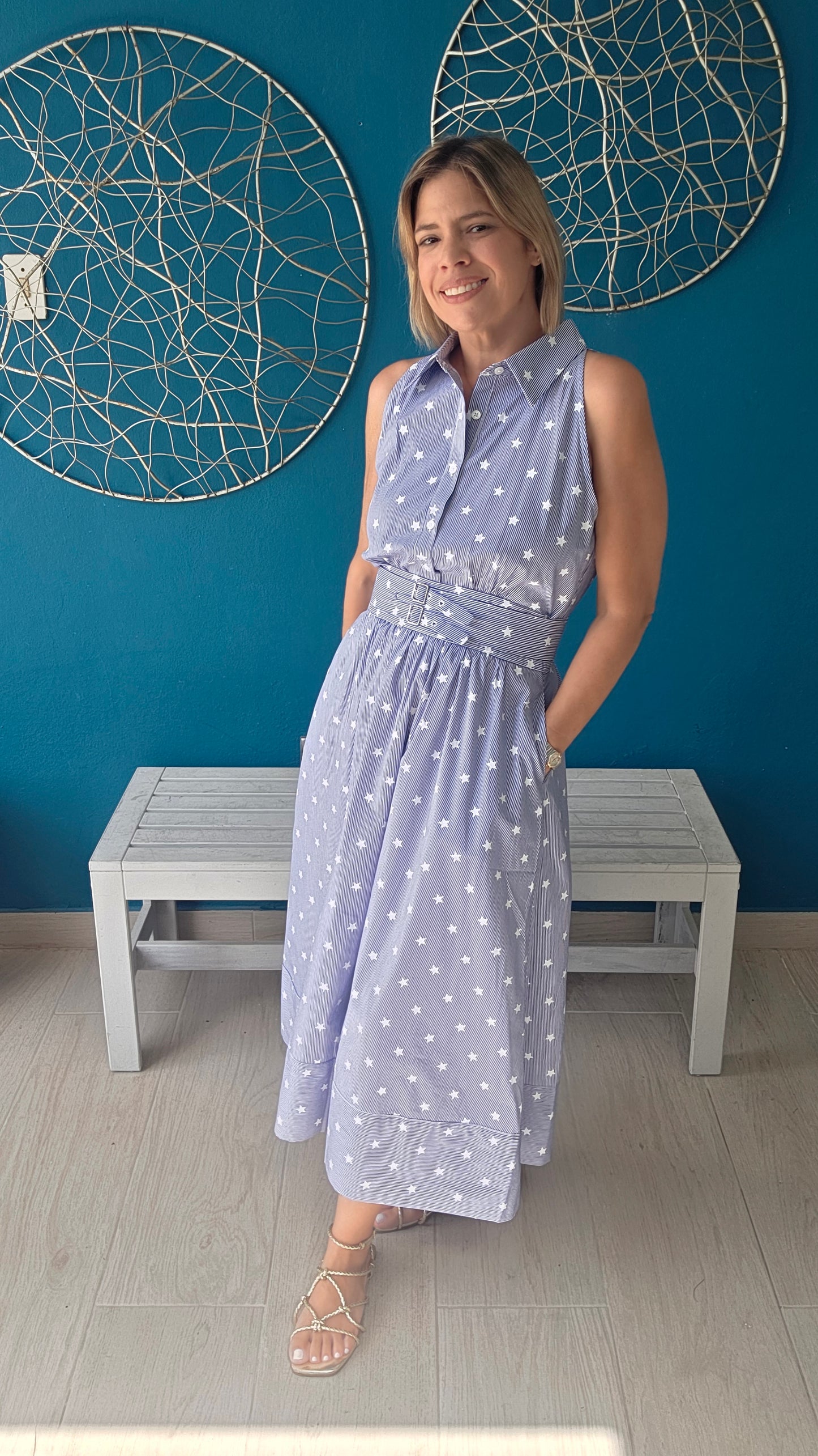 Stripes & Stars Belted Midi Dress