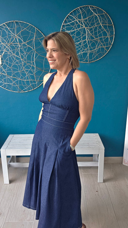 Halter Denim Midi Dress
