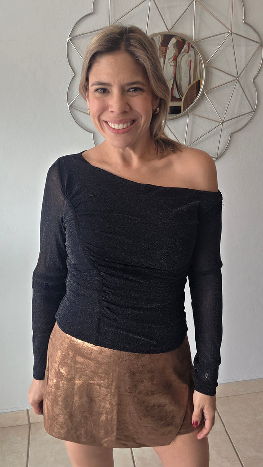 One Shoulder Sparkle Mesh Top