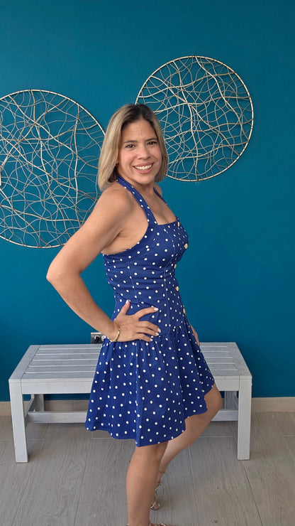 Navy Blue Polka Dots Mini Dress