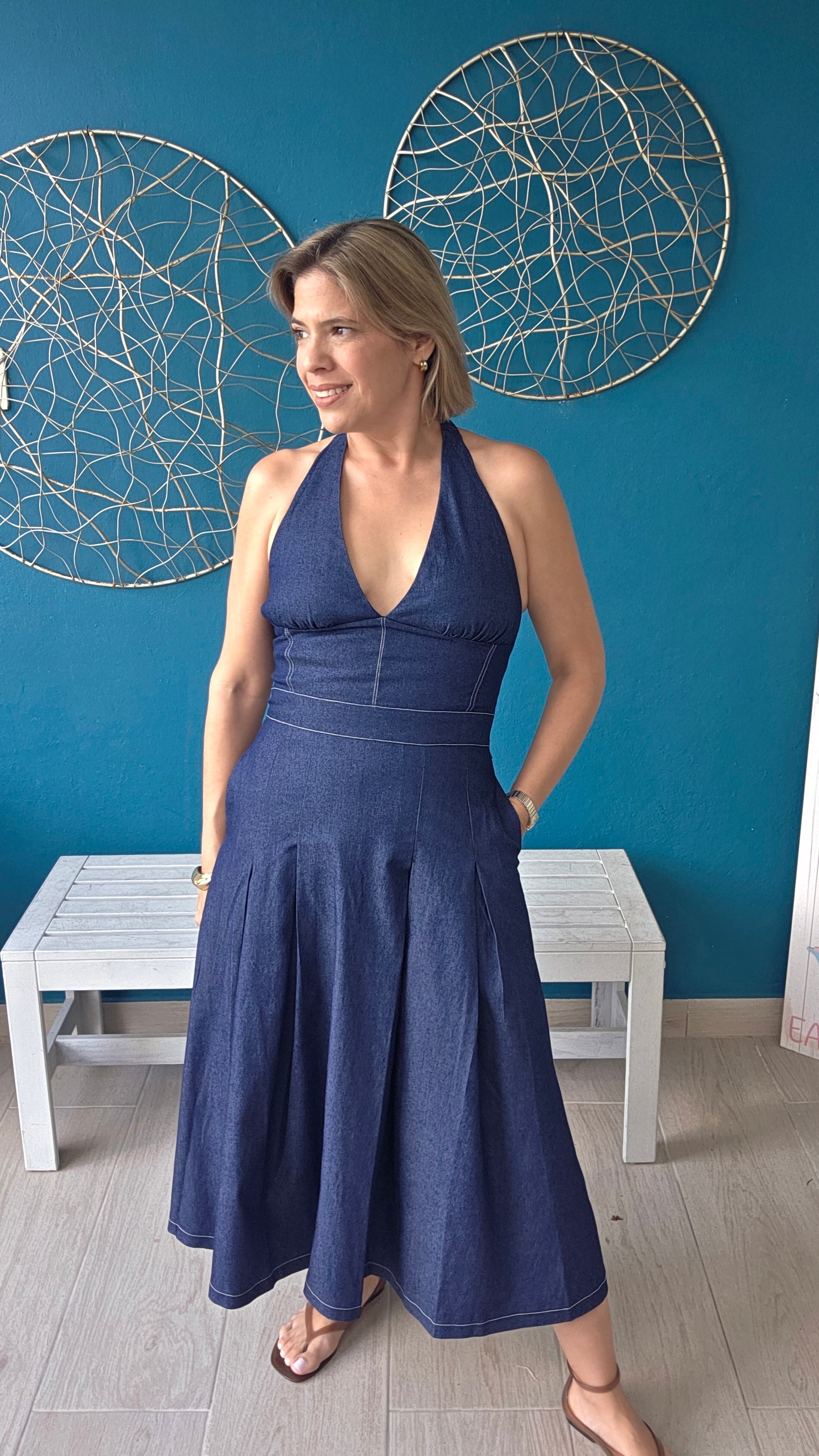 Halter Denim Midi Dress