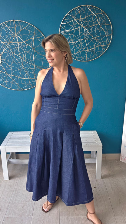 Halter Denim Midi Dress