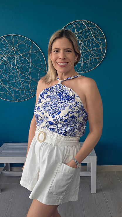 Halter Flowers Top - Blue